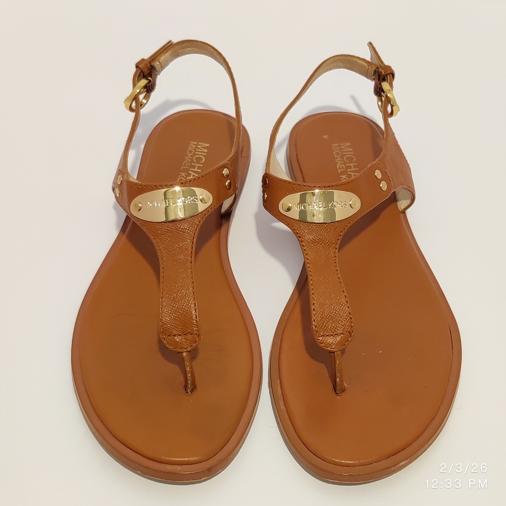MK Plate Saffiano Leather Thong Flat Sandals wGold Hardware, Like New, Sz7